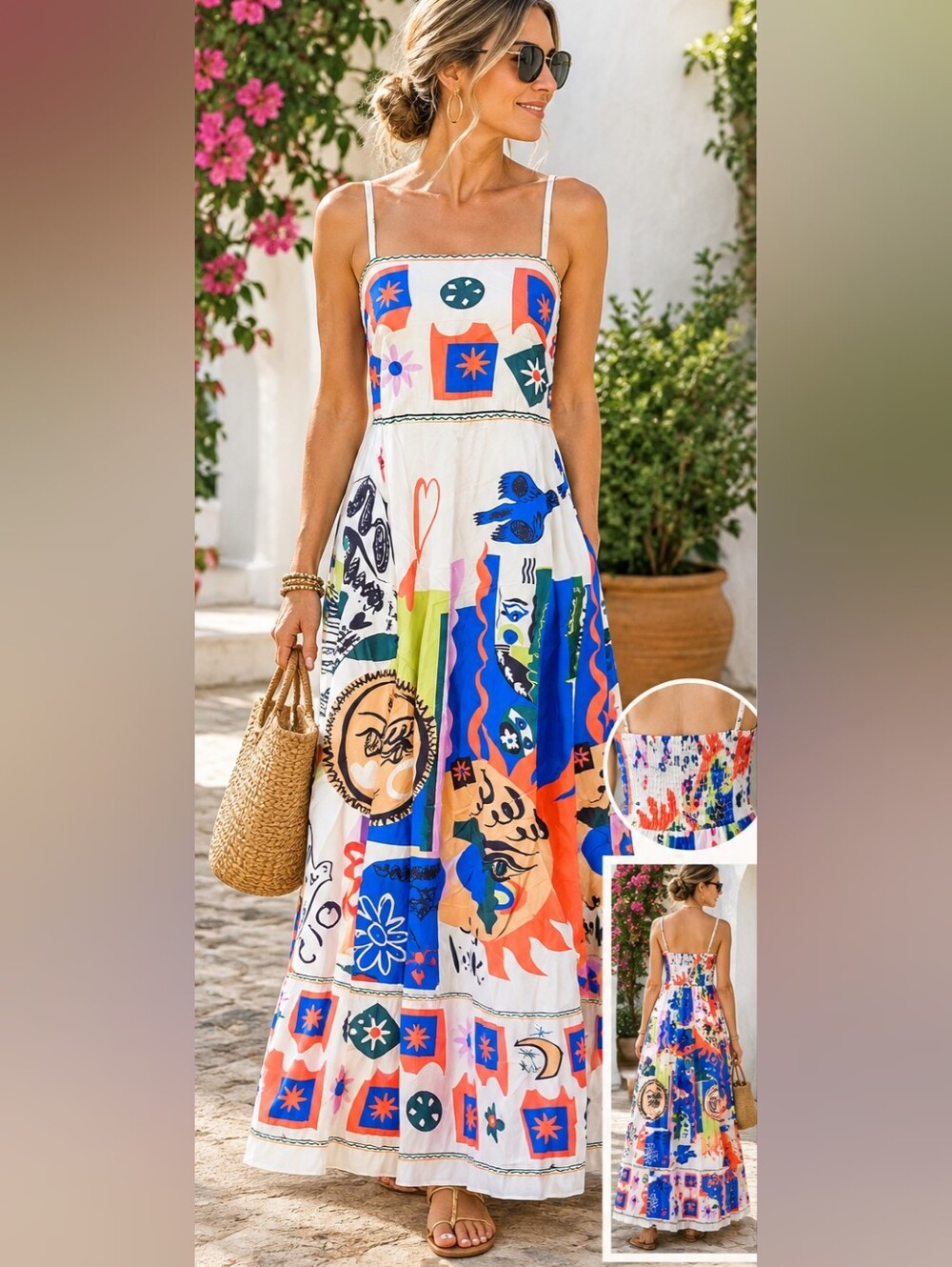 Unique Boho Maxi Dress Colorful Abstract Print Smocked Back